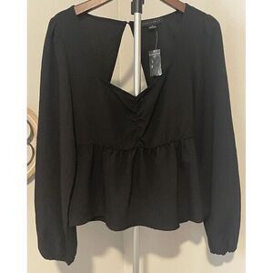 SANCTUARY Womens Black Long Sleeve Blouse V Neck Top Sz M Peplum Waist